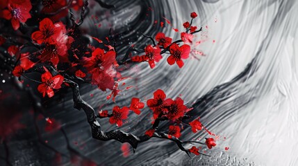 Monochrome painting featuring vibrant red flowers, ideal for adding a pop of color to any space