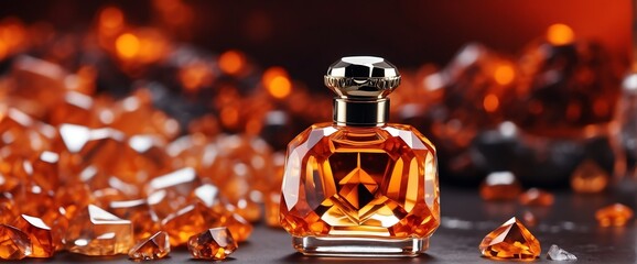 bright orange gemstones crystals background with beautiful glass for womens perfume bottle copyspace banner template from Generative AI - obrazy, fototapety, plakaty