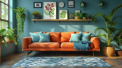 This modern cartoon illustration depicts a bohemian lounge with an armchair, carpet and blue wall with a bright geometric pattern.