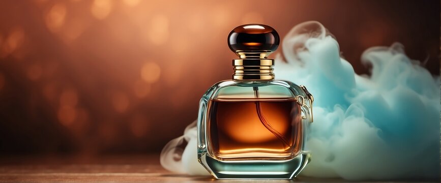 plain bright brown background with beautiful glass for womens perfume bottle with smoke fog and copyspace banner template from Generative AI