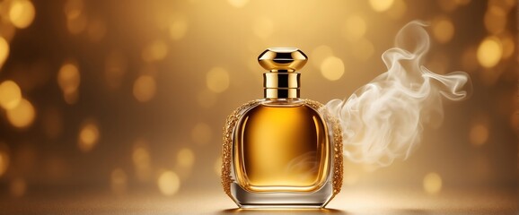 plain bright gold background with beautiful glass for womens perfume bottle with smoke fog and copyspace banner template from Generative AI - obrazy, fototapety, plakaty