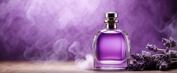 Obraz na płótnie Canvas plain bright lavender background with beautiful glass for womens perfume bottle with smoke fog and copyspace banner template from Generative AI
