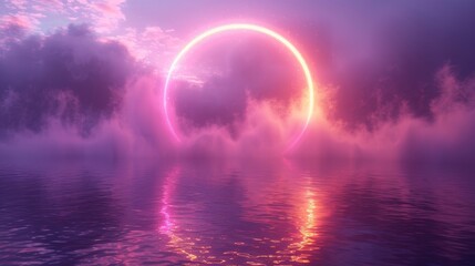 A neon circle frame with smoke and magic light on water. A purple ring with bright flares and sparkles. Stylish designer abstract background in 3D.