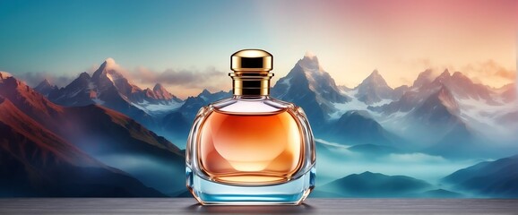 plain bright mountain background with beautiful glass for womens perfume bottle with smoke fog and copyspace banner template from Generative AI - obrazy, fototapety, plakaty