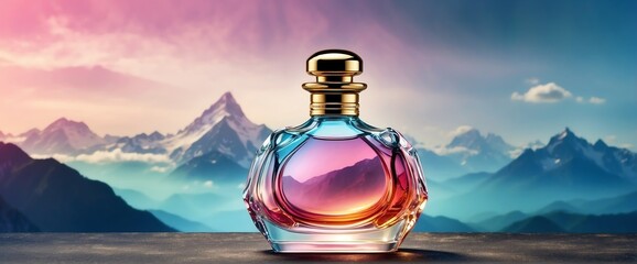 plain bright mountain background with beautiful glass for womens perfume bottle with smoke fog and copyspace banner template from Generative AI - obrazy, fototapety, plakaty