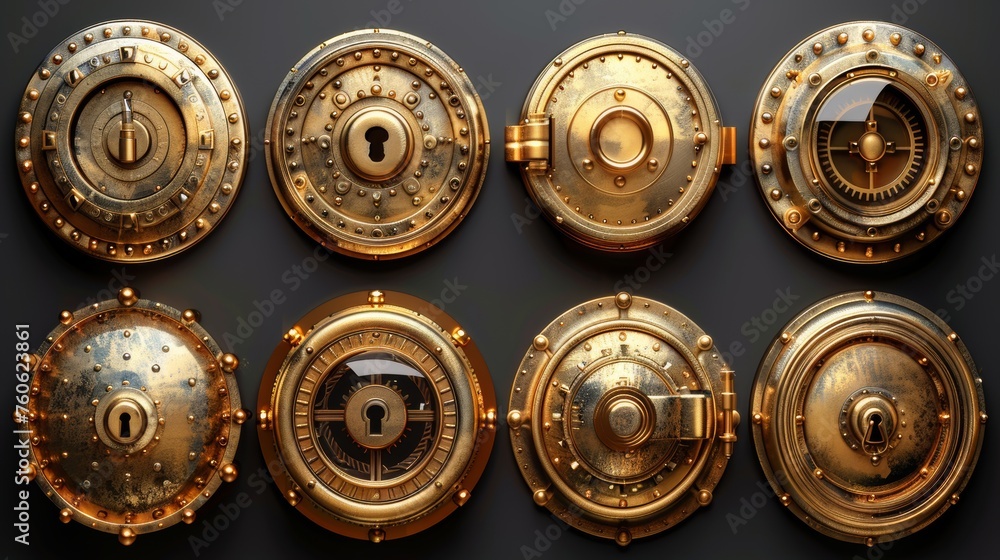 Poster modern realistic set of 3d closed and open circles golden vault doors isolated on transparent backgr