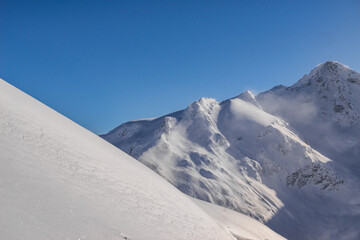 Beautiful scenery mountain massif on the North Caucasus on winter resort - 760623818