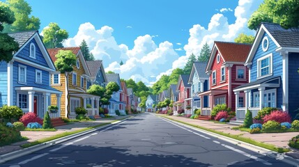 Home facades with green trees and asphalt road in front of yards on suburban street with residential cottages. Cartoon modern illustration. - obrazy, fototapety, plakaty
