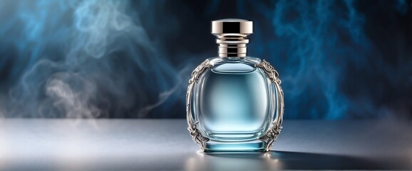 plain bright silver background with beautiful glass for womens perfume bottle with smoke fog and copyspace banner template from Generative AI - obrazy, fototapety, plakaty
