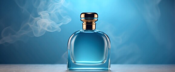 plain bright sky blue background with beautiful glass for womens perfume bottle with smoke fog and copyspace banner template from Generative AI - obrazy, fototapety, plakaty