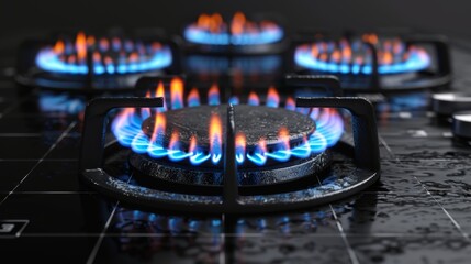 The flame of the gas burner makes a blue flame in the top and sides of the stove. Modern realistic mockup showing the propane butane burning in the oven for cooking. - obrazy, fototapety, plakaty