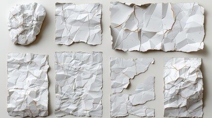 White ripped and crumpled notes and scraps isolated on gray background. Blank paper pages pieces, modern realistic illustration.