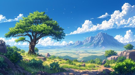 Landscape of the green savannah, wild nature of Africa, cartoon background with rocks and plain grasslands under blue skies. Kenya panorama view, parallax scene, modern illustration. - obrazy, fototapety, plakaty