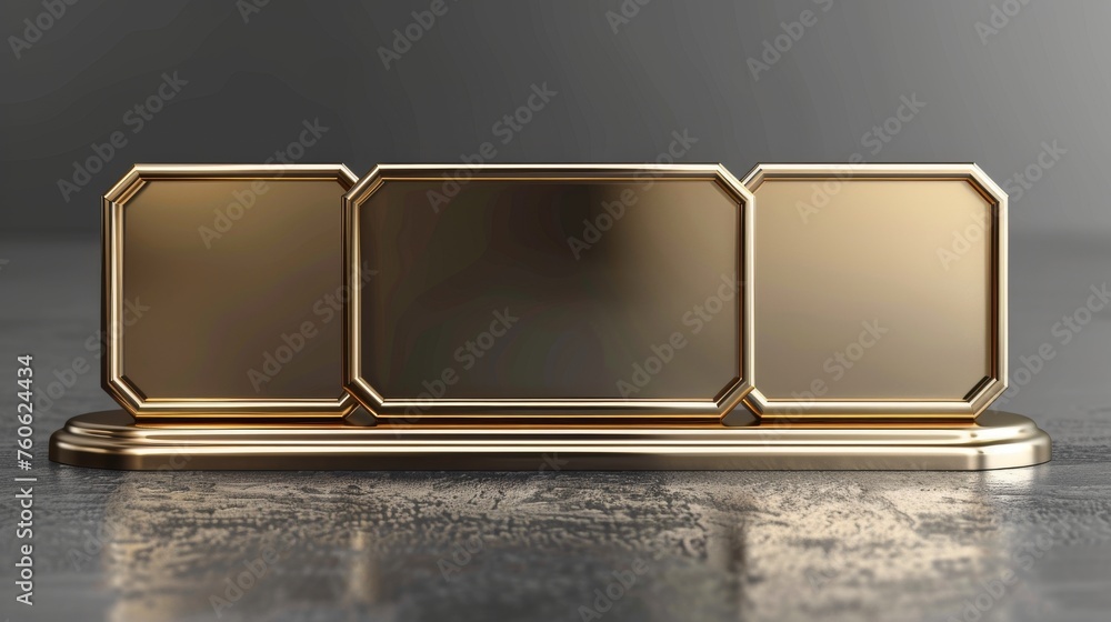 Poster a mockup of a golden and metal stand with an empty nameplate isolated on gray background for an iden