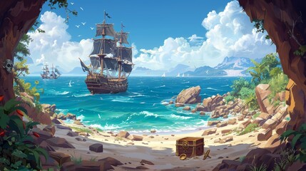 An uninhabited tropical island and a captain's hat on a dug hole are depicted in this modern cartoon illustration of sea landscape with wooden ship with skull on black sails, a pirate's treasure - obrazy, fototapety, plakaty