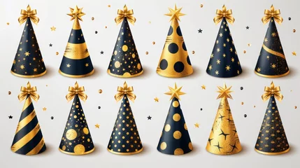Foto auf Alu-Dibond Set of funny cone head caps with golden ribbons for holidays and festive isolated on white background. Modern realistic set of gold and black stripes, dots, and stars for birthday celebration. © Mark