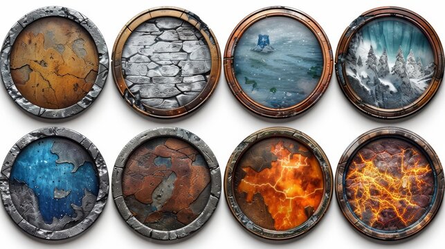 Modern illustration of round UI game frames, textured circles made of silver, gold, metal with snow, wood, or stone. Cartoon circular borders isolated in modern format.