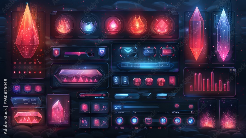 Poster this game design interface features glossy buttons and panels. this cartoon set is made of circles w