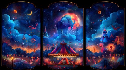 There are circus show banners, big top tent carnival entertainment with elephants, phoenixes, ice cream booths, carousels, invitation flyers, tickets to funfair amusement parks and cartoon modern - obrazy, fototapety, plakaty