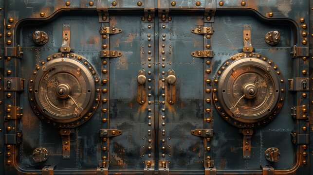 Animated motion sequence of a bank safe vault door opening. Metal steel round gate closes, is slightly ajar, and opens. Isolated mechanism with welds and rivets. Gold and money storage. Realistic 3D