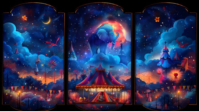 There are circus show banners, big top tent carnival entertainment with elephants, phoenixes, ice cream booths, carousels, invitation flyers, tickets to funfair amusement parks and cartoon modern