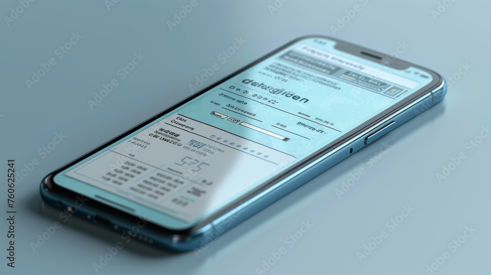 Poster angular view of smartphone with paper financial bill in front. concept of online payment, digital in