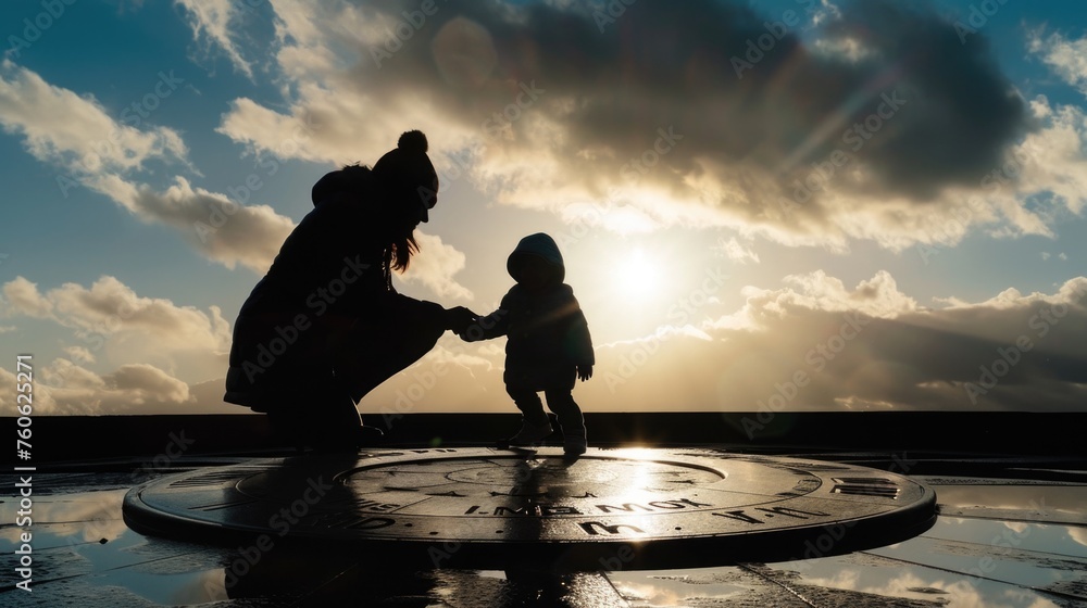 Poster a woman and child standing in front of a clock. suitable for time management concepts