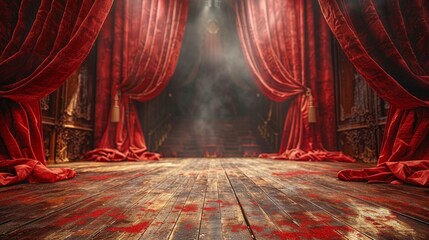 The red stage curtain and wooden floor realistic modern illustration. Covers for theaters, operas, concerts, and cinemas. Portiere for ceremony performances. - obrazy, fototapety, plakaty