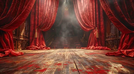 Fotobehang The red stage curtain and wooden floor realistic modern illustration. Covers for theaters, operas, concerts, and cinemas. Portiere for ceremony performances. © Mark