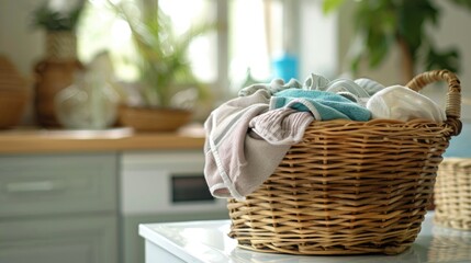 A wicker basket filled with towels on top of a counter. Perfect for home decor or spa concept