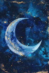 A serene painting of a crescent moon in the night sky. Suitable for celestial-themed designs