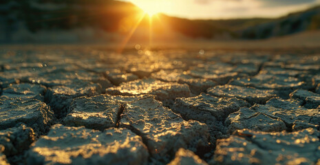 A beautiful sunset over dry, cracked earth. Perfect for environmental themes
