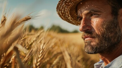 A man in a straw hat standing in a beautiful wheat field. Perfect for agricultural and nature concepts - obrazy, fototapety, plakaty