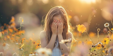 A girl stands in a field surrounded by flowers. Flower pollen is a strong allergen. National Asthma and Allergy Awareness Month - obrazy, fototapety, plakaty