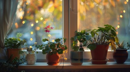 A collection of green potted plants on a window sill. Suitable for home decor or gardening concepts