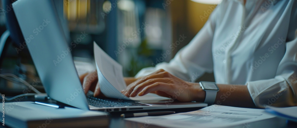 Poster a person typing on a laptop computer at a desk. suitable for technology and business concepts