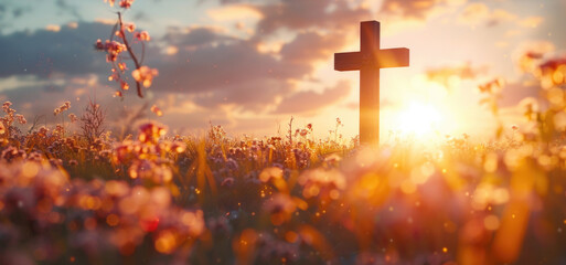 A cross standing in a vibrant field of flowers. Suitable for religious themes or nature concepts - obrazy, fototapety, plakaty