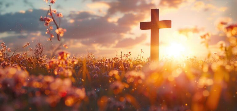 A cross standing in a vibrant field of flowers. Suitable for religious themes or nature concepts