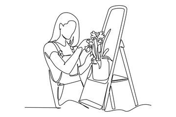 Single one line drawing of woman gardener in glasses wearing overalls, taking care for plants. Farming challenge minimal concept. Continuous line draw design graphic vector illustration.