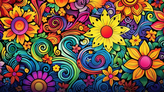 Hand drawn doodle scribble wallpaper sun, rainbow, flowers summer concept pattern