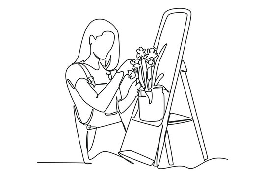 recommend clip art: Single one line drawing of woman gardener in glasses wearing overalls, taking care for plants. Farming challenge minimal concept. Continuous line draw design graphic vector illustration.
