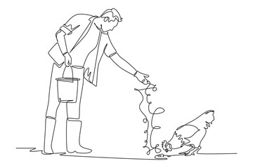 Single one line drawing of farmer feeding chickens. Farming challenge minimal concept. Continuous line draw design graphic vector illustration.