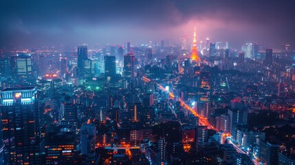 Fototapeta na wymiar Tall Buildings in Cityscape at Night