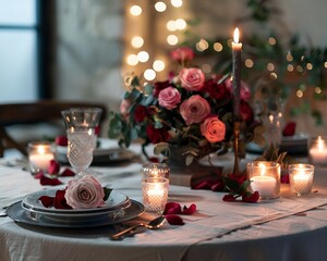 Fototapeta na wymiar Elegant valentines dinner table setup with candlelight and roses