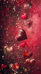 Festive valentines party poster with hearts and glitter