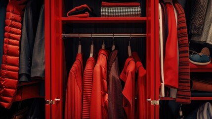 A closet filled with various red clothes. Perfect for fashion or organization concepts