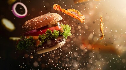 Obraz na płótnie Canvas Burger hamburger go to pieces composition fast food wallpaper background