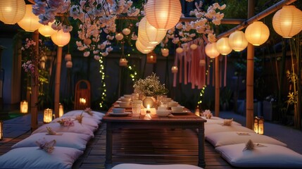 A long table covered in white paper lanterns. Perfect for event decoration - obrazy, fototapety, plakaty