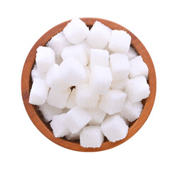 White sugar cubes in wooden bowl on transparent png