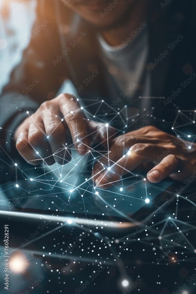 Poster a person using a tablet with a network of dots. suitable for technology concepts